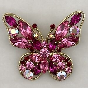 Vintage Rhinestone Butterfly Brooch Shades Of Pink And Red Gold Tone Wire Frame